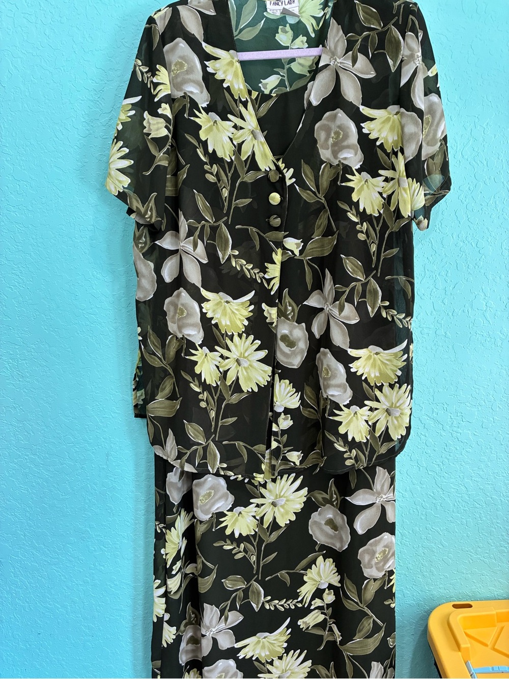 Vintage Floral Two-Piece army green yellow  Dress Set 16 1/2